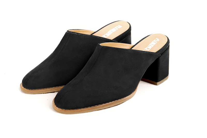 Matt black women's clog mules. Round toe. Medium block heels. Front view - Florence KOOIJMAN